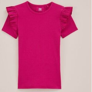 WE Fashion - Meisjes T-shirt met ruches - Slim Fit - Fuchsia - Biologisch katoen - Maat: 98/104
