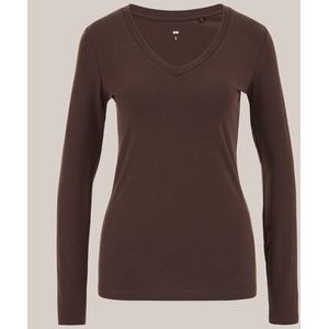 WE Fashion - Dames T-shirt met V-hals - Slim Fit - Donkerbruin - Katoen - Maat: S