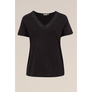 WE Fashion - Dames T-shirt met kant - Curve - Regular fit - Zwart - Biologisch katoen - Plus Size Maat: 50