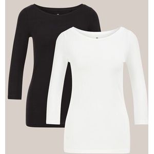 WE Fashion - Shirt - Zwart/Wit - 2 Pack - Driekwart Mouw - Slanke Pasvorm