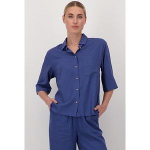 Blauwe linnen blouse met korte mouwen
