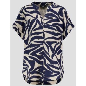 Lichtbeige linnen blouse met donkerblauwe print