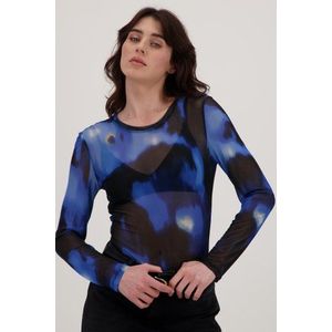 Zwart T-shirt in mesh met blauwe print
