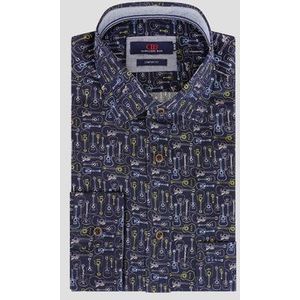 Donkerblauw hemd met gitaarprint - Comfort fit