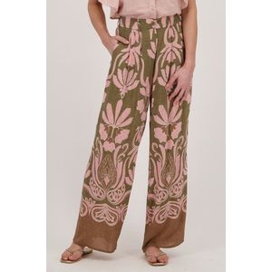 Kaki palazzo broek met roze bloemenprint