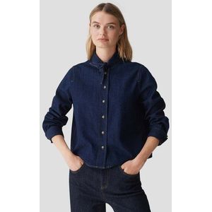 Donkerblauwe denim blouse met striklint