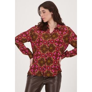Bruine blouse met rood-roze print