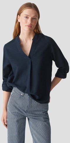 Opus - Blouse - Blauw - V-hals - Lange Oprolbare Mouwen