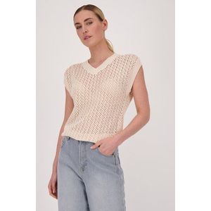 Beige trui met ajourmotief en korte mouwen