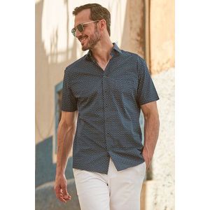 Donkerblauw hemd met fijne print - Regular fit