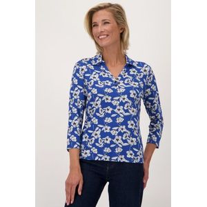 Blauwe polo met ecru bloemen - 3/4 mouwen