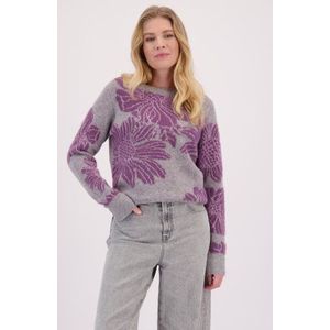 Grijze trui met paars gebloemd motief