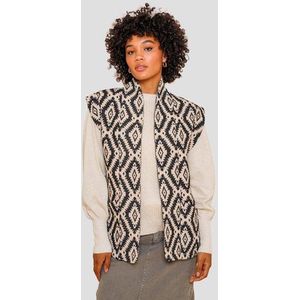 Beige mouwloze vest met zwart jacquardmotief