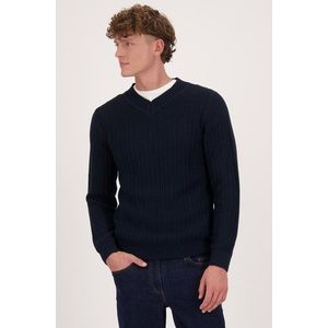 Donkerblauwe geribde trui met V-hals