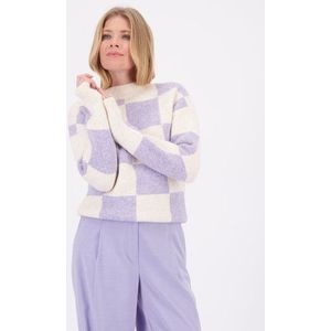 Beige trui met lila dambordmotief