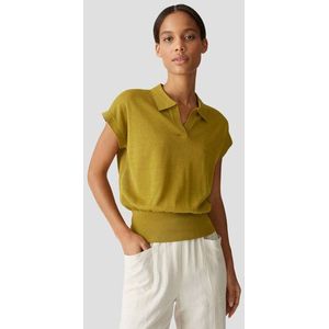 Opus - Fijngebreid Poloshirt - Oljfgroen - V-hals - Korte Mouwen