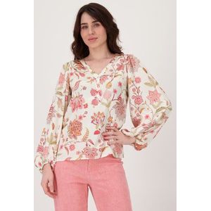 Ecru glanzende blouse met roze bloemenprint