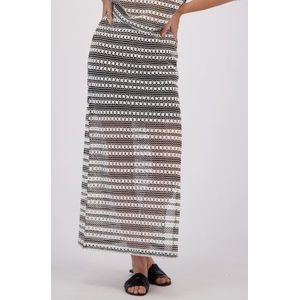 Ecru-zwart gebreide maxirok met bloemenmotief