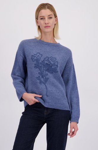 MORE & MORE - Trui - Navy - Geribbelde Kraag - Lange Mouw - Bloemenprint
