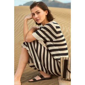 JDY - Midi Jurk - Beige - Gestreept Motief - Ronde Hals - Korte Mouwen