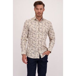 Lichtbeige hemd met bladerprint - regular fit