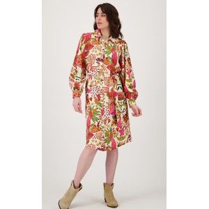 Ecru midi kleedje met kleurrijke bloemenprint