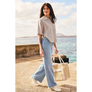 Beige geruite blouse met korte mouwen