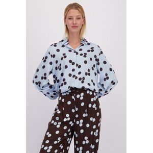 Lichtblauwe blouse met bruine stippenprint