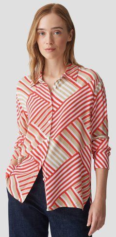 Opus - Diagonaal Gestreepte Blouse - Ecru Beige Rood - EcoVero Viscose