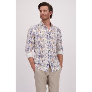 Ecru linnen hemd met bladermotief - Regular fit