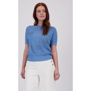 Blauw gebreid truitje met patchwork-look