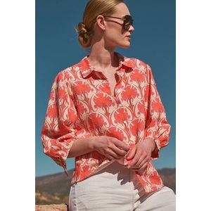 Beige blouse met oranje-roze print