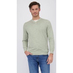 Beige-groene fijn gebreide trui met V-hals