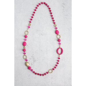 Lange gouden ketting met fuchsia kralen
