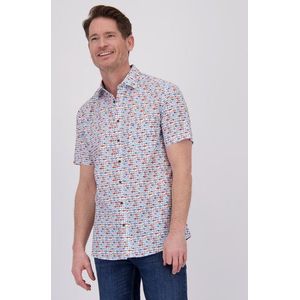 Wit hemd met blauw-rode visjesprint - Regular fit