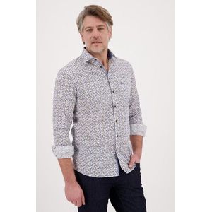 Wit hemd met blauw-bruine print - regular fit