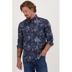 Donkerblauw hemd met abstracte print - Regular fit