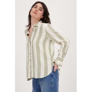 Beige linnen blouse met groene strepen
