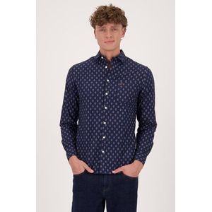 Navy hemd met oranje-blauwe print - Regular fit