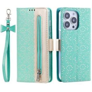 iPhone 16 Pro Max Lace Pattern Schutzhülle mit Geldbörse - Mintgrün