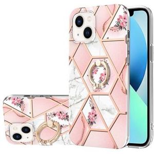 iPhone 15 Marble Pattern IMD TPU Hülle mit Ringhalter - Rosa / Weiß