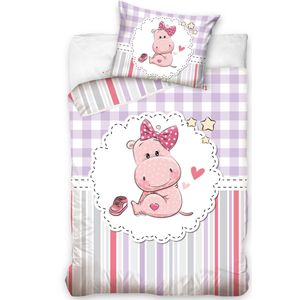 Nijlpaard Baby Dekbedovertrek, Roze - 100 x 135 cm + 40 x 60 cm - Katoen