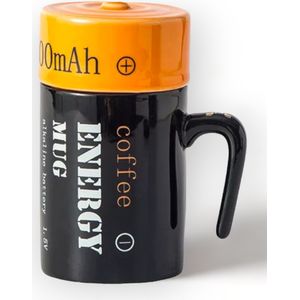 Batterij mok "Coffee Energy Mug" met deksel - 350 ml - zwart/oranje (foto) - 13,5 x 7,5cm