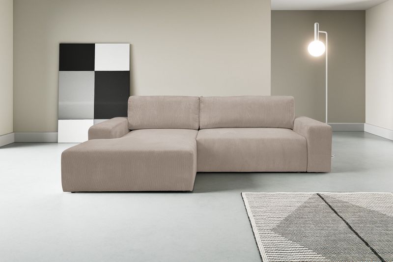 WERK2 Ecksofa »Rotterdam-L, kuschelweiche Trendstoffe Cord und Breitcord, L-Form«, Design Ecksofa in Cord mit Schlaffunktion & Bettkasten, Breite 267cm