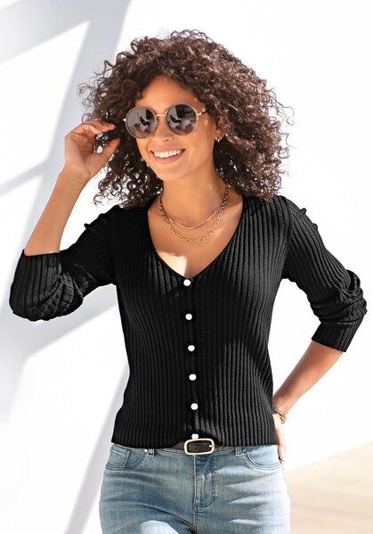 LASCANA V-Ausschnitt-Pullover, mit Zierperlen, figurbetonter Strickpullover, elastisch