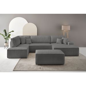 andas Wohnlandschaft »FINNLEY U-Form XXL 329 cm, Schlafsofa, Schlaffunktion m. Bettkasten«, (194/139 cm), Bouclé, Struktur und Cord