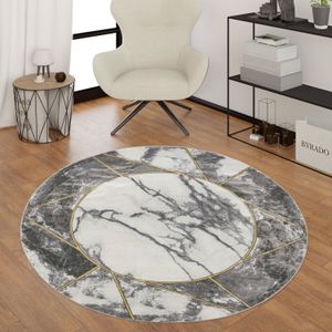 Paco Home Teppich »Kraft 525«, rund, 15 mm Höhe, Kurzflor, Marmor-Design mit Bordüre, mit gold-/silberfarbenen Akzenten