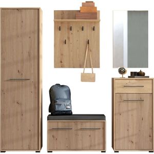 INOSIGN Garderoben-Set »Landes, Flurmöbel, Breite 189 cm, in Artisan Eiche mit Streifen«, (Komplett-Set, 5 St.), (Set, 5-St) inkl. 2 Schränke, Sitzbank, Garderobenpaneel und Spiegel