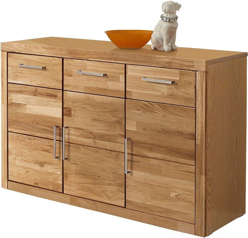Home affaire Sideboard »Logo,130cm breit,42 cm tief, Fronten Massivholz,2 breite Fächer«, Holz massiv, Holzwerkstoff, Metall Griffe,3Türen,3Schubladen
