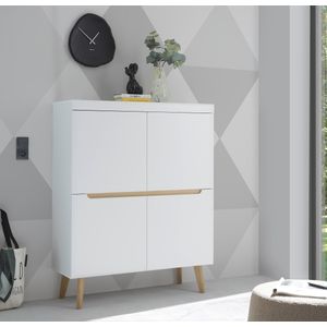 INOSIGN Highboard »Torge, Kommode, Schrank, Sideboard, Anrichte, Mehrzweckschrank«, (1 St.), abgeschrägte Füße, drei Farben, Scandi Design, 107 cm breit